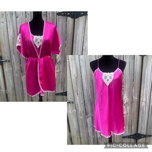 Wendy Ann Vintage Set Chemise & Robe Dark Pink Satin & Cream Lace Trim Size L